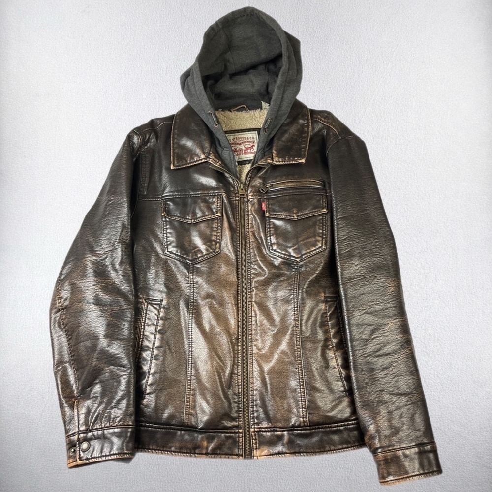 Levi Strauss Faux Leather Jacket Mens Large Brown Sherpa Lined Hood Trucker Coat